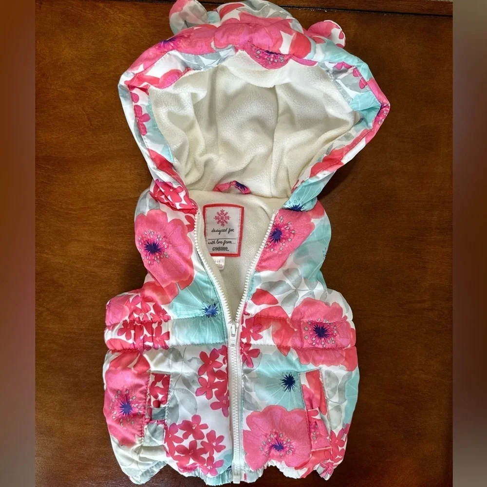 VTG Y2K Gymboree Floral Puffer Vest 6-12 Months Baby Girl Floral Hooded Zips